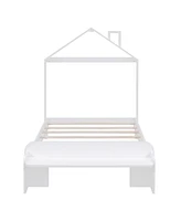 Simplie Fun Twin Size Wood Platform Bed With House-Shaped Headboard And Footboard Bench, White