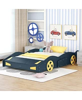 Streamdale Furniture Full Size Race Car-Shaped Platform Bed With Wheels And Storage, Dark Blue+Yellow