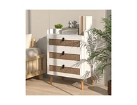 Slickblue Modern End Table with 3 Rattan Decorated Drawers-White