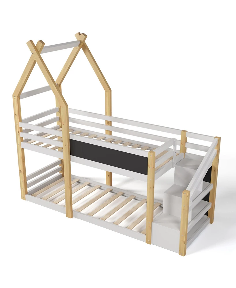 Simplie Fun Twin Over Twin House Bunk Bed With White Storage Staircase And Blackboard, White And Natural