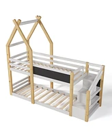 Simplie Fun Twin Over Twin House Bunk Bed With White Storage Staircase And Blackboard, White And Natural