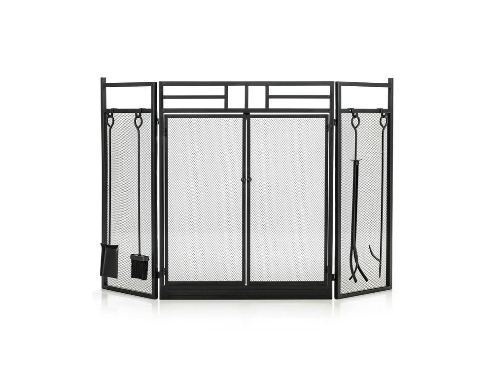 Slickblue 3-Panel Folding Wrought Iron Fireplace Screen with Doors and 4 Pieces Tools Set-Black