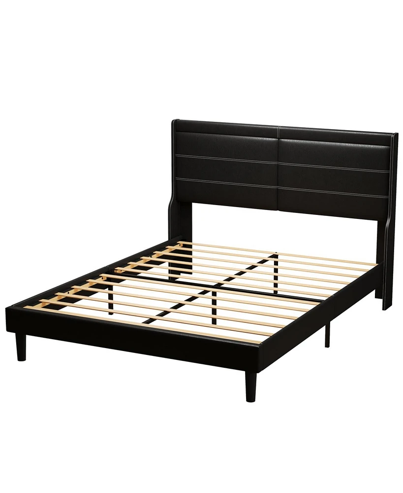 Simplie Fun Stylish Queen Size Pu Leather Upholstered Bed Frame Platform Bed With Lights Stitched