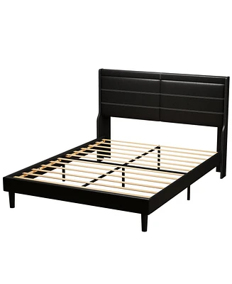 Simplie Fun Stylish Queen Size Pu Leather Upholstered Bed Frame Platform Bed With Lights Stitched