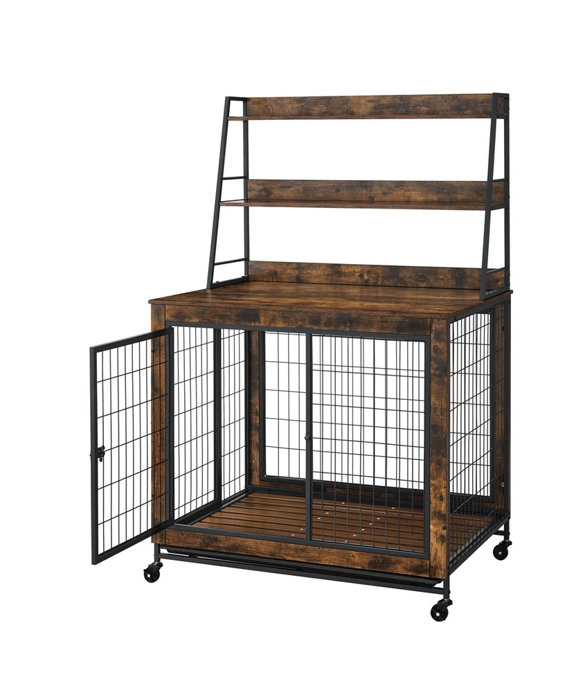 Simplie Fun Luxury Industrial Dog Crate with Storage and Rolling Casters