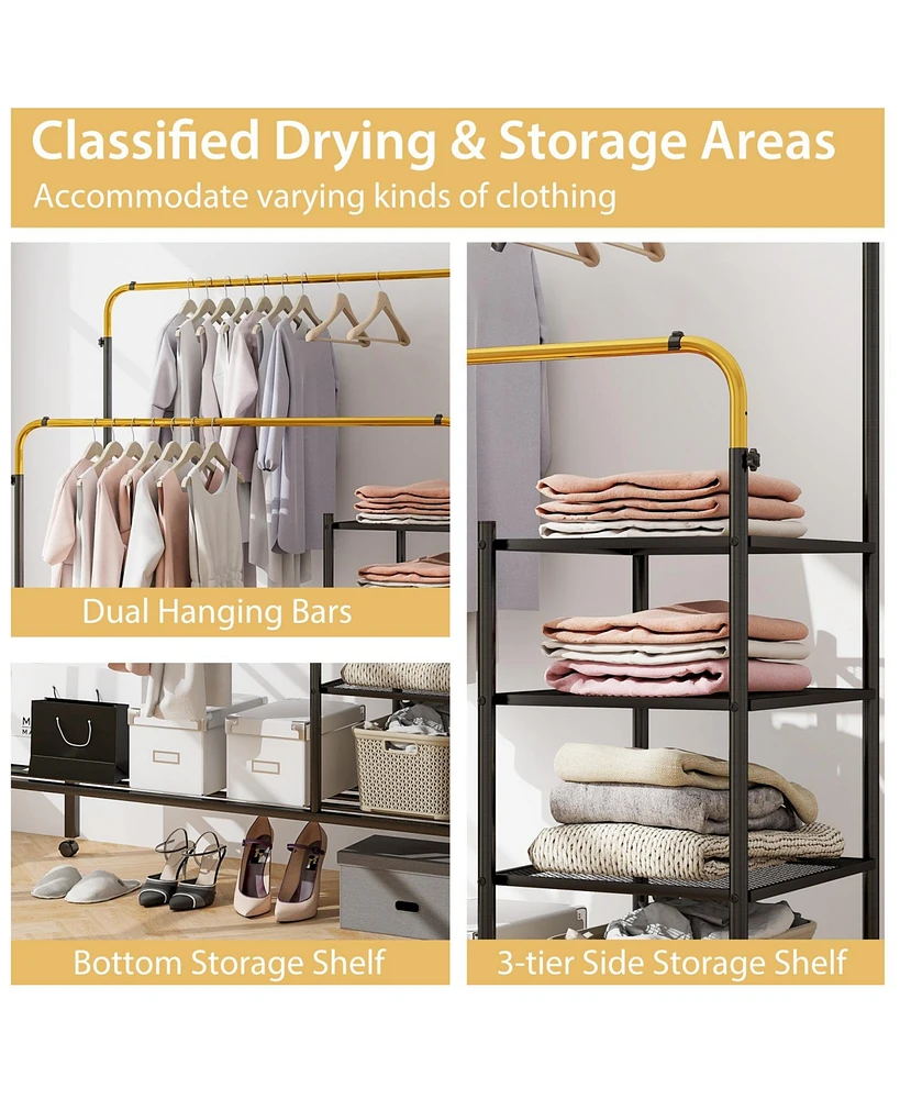 Slickblue Rolling Double Rods Garment Rack with Height Adjustable Hanging Bars
