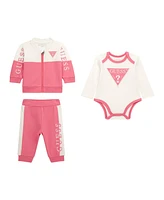 Guess Baby Girl Long Sleeve Bodysuit, Long Sleeve Zip Top, and Pant Set