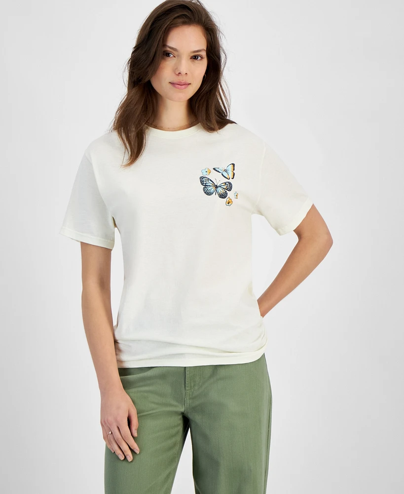 Rebellious One Juniors' Butterfly Graphic Cotton Crewneck T-Shirt