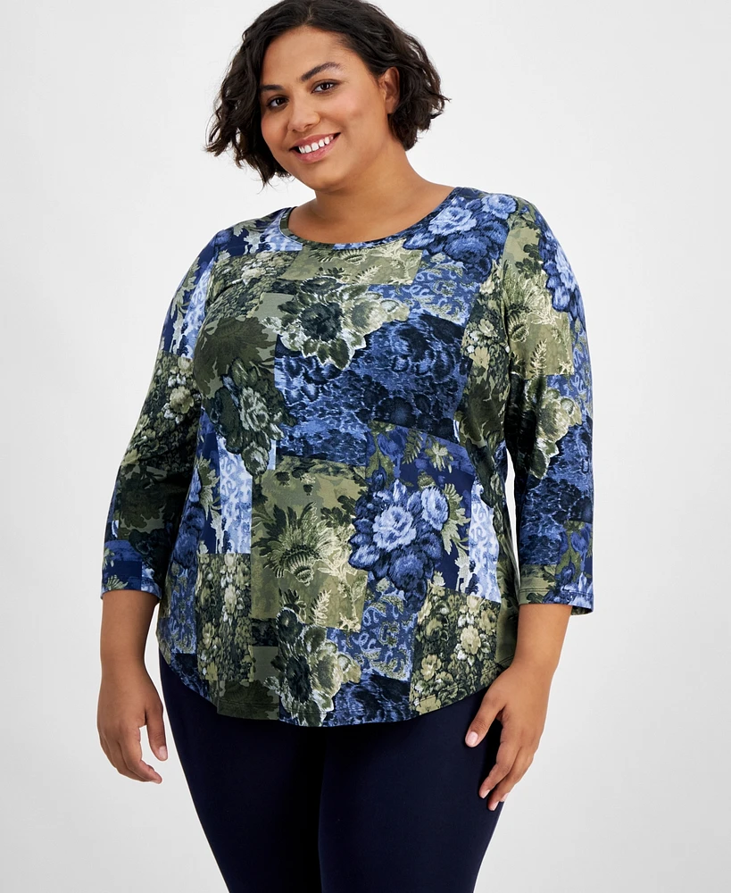 Jm Collection Plus Printed 3/4-Sleeve Top, Created for Macy's