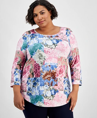 Jm Collection Plus Printed 3/4-Sleeve Top, Created for Macy's