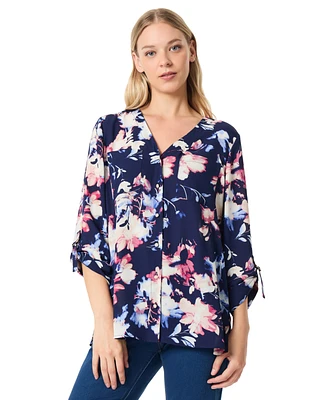 Jones New York Women's 3/4-Sleeve Floral V-Neck Tunic