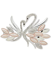 Anne Klein Boxed Silver Tone Crystal Blush Pearl Swan Pin