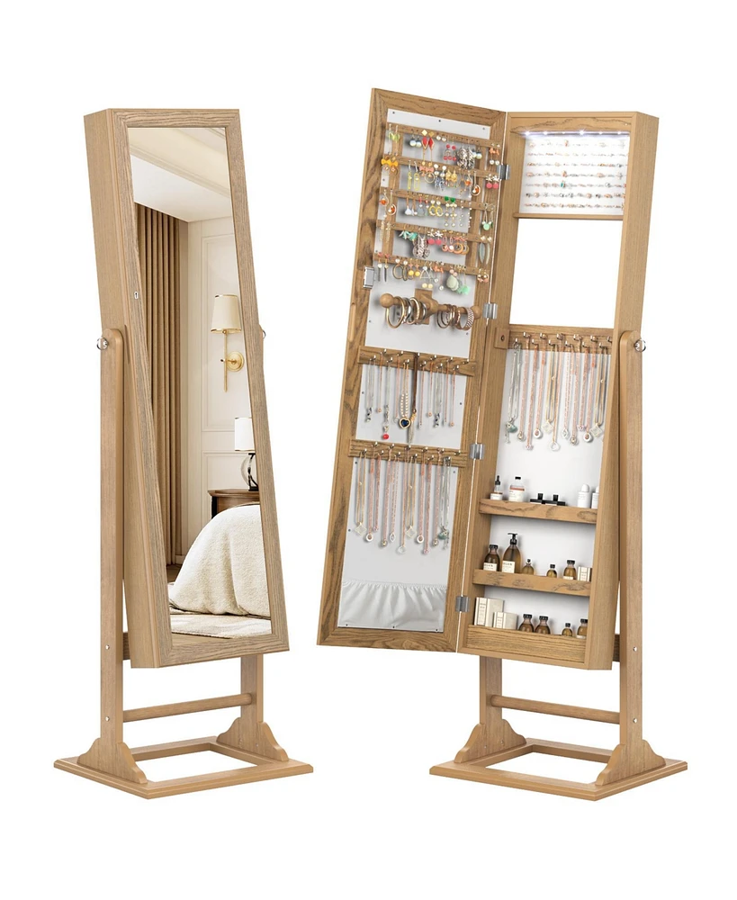 Slickblue Freestanding Lockable Jewelry Armoire with Full-Length Mirror and 6 Led Lights-Natural