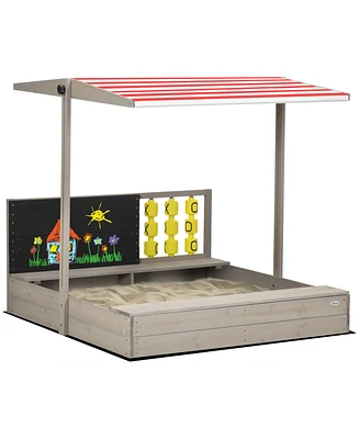 Outsunny Kids Sandbox with Canopy, Bench Seats Wooden Sand Pit, Backyard Toy with Chalkboard