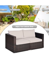 Gymax 2PCS Rattan Corner Sofa Set Patio Outdoor Furniture Set w/ 4 Beige Cushions