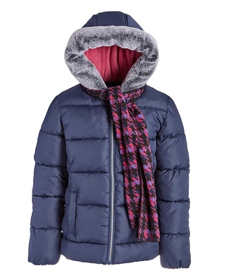 S Rothschild & Co Big Girls Quilted Full-Zip Hooded Puffer Jacket with Faux-Fur Trim Houndstooth Scarf