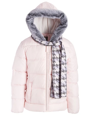 S Rothschild & Co Big Girls Quilted Full-Zip Hooded Puffer Jacket with Faux-Fur Trim Houndstooth Scarf