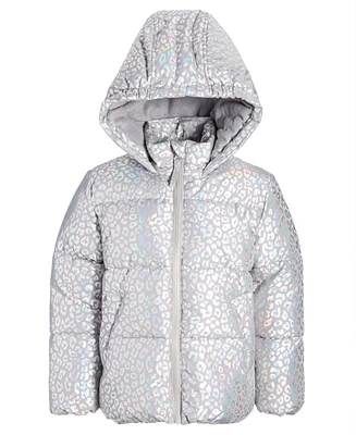 S Rothschild & Co Big Girls Quilted Metallic Heart-Print Full-Zip Hooded Puffer Jacket