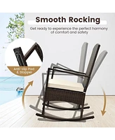 Sugift 3 Piece Patio Rocking Set Wicker Rocking Chairs with 2-Tier Coffee Table