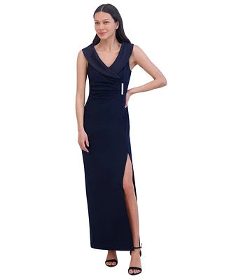 Jessica Howard Petite Collared Side-Slit Long Gown