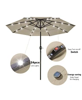 Yescom 9 Ft 3 Tier Patio Umbrella with Solar Led Crank Tilt Button Aluminum Yard Pool