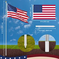 Yescom Bravery 10Ft Sectional Flag Pole Kit Aluminum Outside Inground Yard Garden with 3'x5' Usa Flag Ball Top Silver