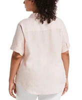 Rafaella Plus Size Stripe Split Neck Linen Short Sleeve Top