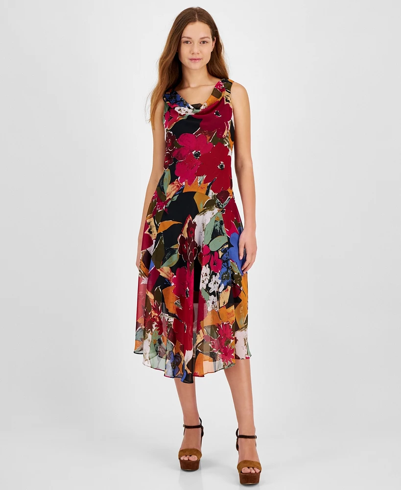 Robbie Bee Women's Floral-Print Cowlneck Midi Dress