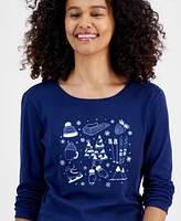 Holiday Lane Women's Snowy Day Long-Sleeve Top, Created for Macy's