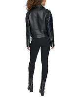 Karl Lagerfeld Paris Women's Faux-Leather Asymmetric Cropped Moto Coat