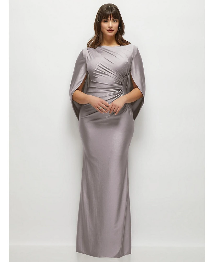 After Six Plus Draped Stretch Satin Maxi Dress with Built-in Capelet