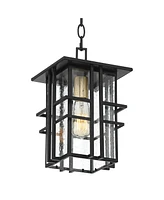 Possini Euro Design Arley Modern Outdoor Hanging Ceiling Light Fixture Black Geometric Frame 12 1/2" Seedy Glass for Exterior Barn Deck House Porch Ya