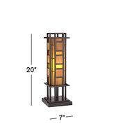 Prairie Style Mission Rustic Pillar Accent Table Lamp Bronze Iron Column Hand-Cut Amber Stained Art Glass for Living Room Bedroom House Bedside Nights