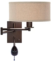 Radix Modern Swing Arm Adjustable Wall Lamp With Cord Led Bronze Plug-In Light Fixture Oatmeal Fabric Drum Shade Bedroom Bedside House Reading Living