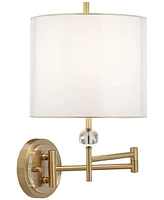 Kohle Modern Swing Arm Wall Lamp Polished Brass Plug-In Light Fixture White Cotton Sheer Double Drum Shade for Bedroom Bedside House Reading Living Ro