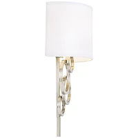 Circles Modern Indoor Wall Mount Lamp Brushed Nickel Silver Plug-In Light Fixture Off White Cotton Half Shade for Bedroom Bedside House Reading Living
