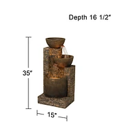 Mason Rustic Outdoor Floor Water Fountain 35" High with Led Light Cascading Three Bowls for Garden Patio Backyard Deck Home Lawn Porch House Relaxatio