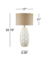 Cosgrove Mid Century Modern Coastal Table Lamp 32.75" Tall Ceramic White Handcrafted Beige Fabric Drum Shade Decor for Living Room Bedroom House Bedsi