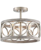 Franklin Iron Works Salima Farmhouse Rustic Industrial Ceiling Light Semi Flush Mount Fixture 16" Wide 3-Light Brushed Nickel Gray Wood Finish Drum Sh