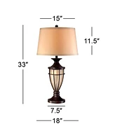 Mission Style Table Lamp with Nightlight 33" Tall Champagne Glass Brushed Iron Cage Beige Fabric Drum Shade for Living Room Bedroom House Bedside Nigh