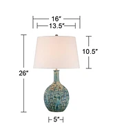 Modern Table Lamp 26" High Teal Glaze Raised Square Ceramic Gourd White Fabric Tapered Drum Shade Decor for Bedroom Living Room House Home Bedside Nig