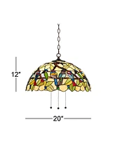 Robert Louis Tiffany Tropical Birds Tiffany Bronze Plug In Swag Pendant Chandelier 20" Wide Stained Glass 3-Light Fixture for Dining Room House Foyer