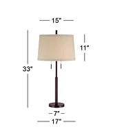 Rustic Farmhouse Table Lamp 33" Tall Dark Bronze Brown Metal Off White Burlap Fabric Drum Shade for Bedroom Living Room House Bedside Nightstand Home