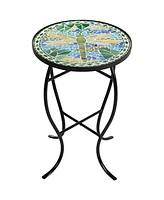 Dragonfly Scene Black Metal Round Outdoor Accent Side Tables 14" Wide Set of 2 Blue Mosaic Tile Tabletop Gracefully Curved Legs Spaces Porch Patio Hom