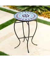 Cobalt Modern Black Metal Round Outdoor Accent Side Tables 14" Wide Set of 2 Light Blue Mosaic Tile Tabletop Gracefully Curved Legs for Spaces Po