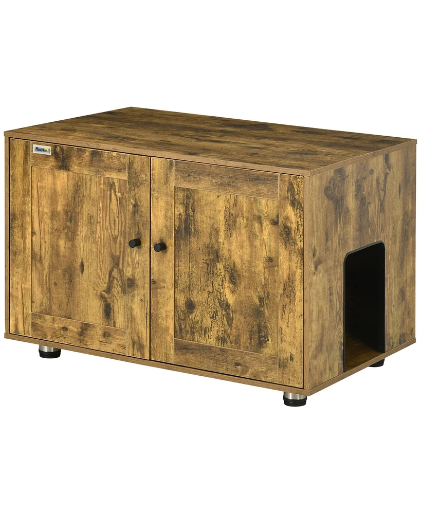 PawHut Rustic Farmhouse Cat Litter Box Furniture with Double Doors, Hidden Kitty Litter Enclosure Table