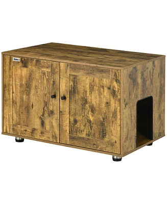 PawHut Rustic Farmhouse Cat Litter Box Furniture with Double Doors, Hidden Kitty Litter Enclosure Table