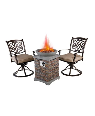 Mondawe 3-Piece Cast Aluminum Patio Conversation Seating Set with Patio Fire Pit in Brown Stone Exterior