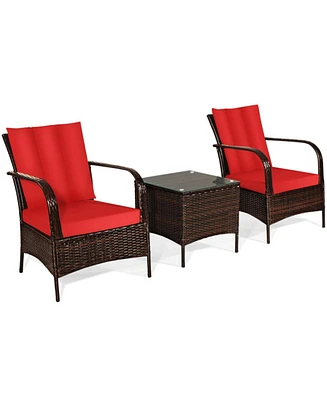 Sugift 3 Pieces Patio Rattan Conversation Set with Glass Top Coffee Table and Cushions