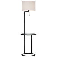 Space Saver Modern Style Standing Floor Lamp with Glass Tray End Table 62" Tall Black Metal White Fabric Sleek Drum Shade Decor for Living Room Readin